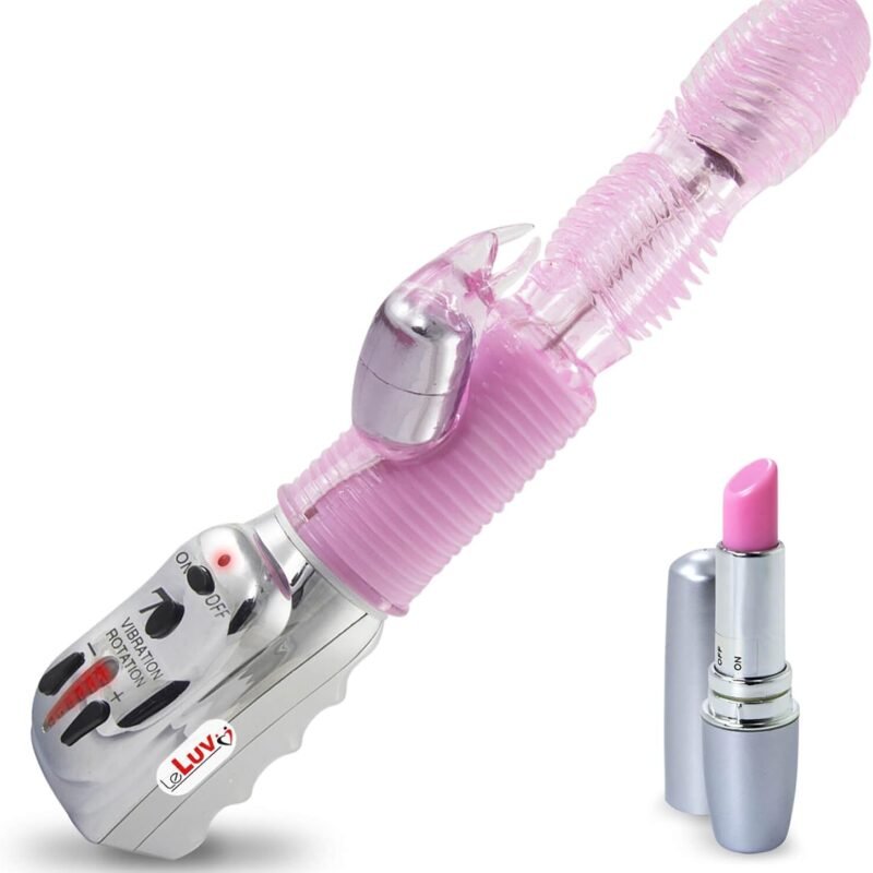 LeLuv Rabbit Vibrator Nirvana Ribbed Twirling Multispeed Pink Bundle with Secret Lipstick