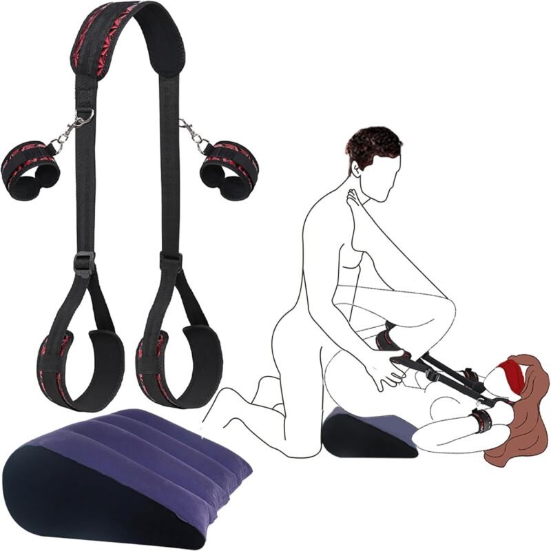 BDSM Sex Restraints with Sex Toys Inflatable Ramp Pillow,Legs Sex Bondage with Neck to Ankle/Thigh Cuff,Fetish Handcuffs Blindfold,Adjustable Sex SM Bondaged Restraints Set for Couples Women Men