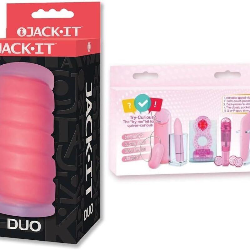 Couples Sex Toy Bundle of Jack-It Duo, Cherry and Icon Brands Try Curious Vibe Kit - Pink