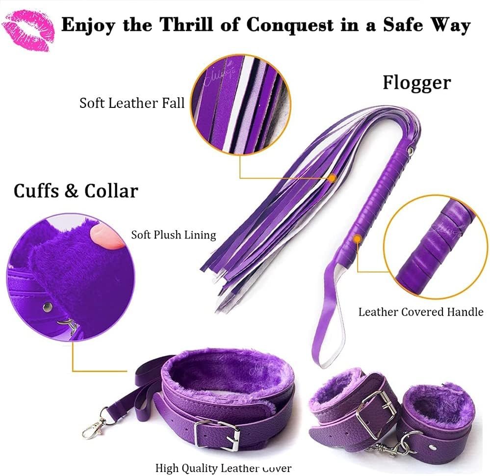 MISSTU BDSM Restraints Sex Toys Bondage Restraints Set Fetish Bed Restraints Cosplay Kits for Beginners SM Adult Games Safe BDSM Cuffs Nipple Clamps Flogger Ball Gag Blindfold Rope Purple - Image 3