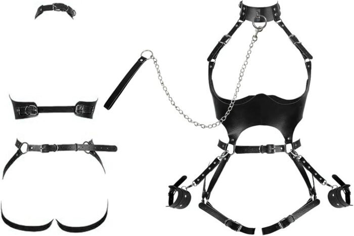 Sex Bondage BDSM Kit Restraints Set, Adjustable Restraint Harness Kit with Leash Wrist Cuffs and Waist Garter Belt Full Body Harness - Image 5