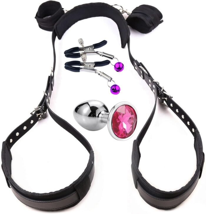 Sex Bondage Restraint Kits - Leather Wrist Thigh Leg Straps with Adjustable Back Handcuffs Nipple Clamp Anal Butt Plugs SM Adult Sex Toys Sets for Women's Pleasure and Couple Foreplay