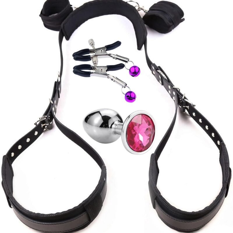 Sex Bondage Restraint Kits - Leather Wrist Thigh Leg Straps with Adjustable Back Handcuffs Nipple Clamp Anal Butt Plugs SM Adult Sex Toys Sets for Women's Pleasure and Couple Foreplay