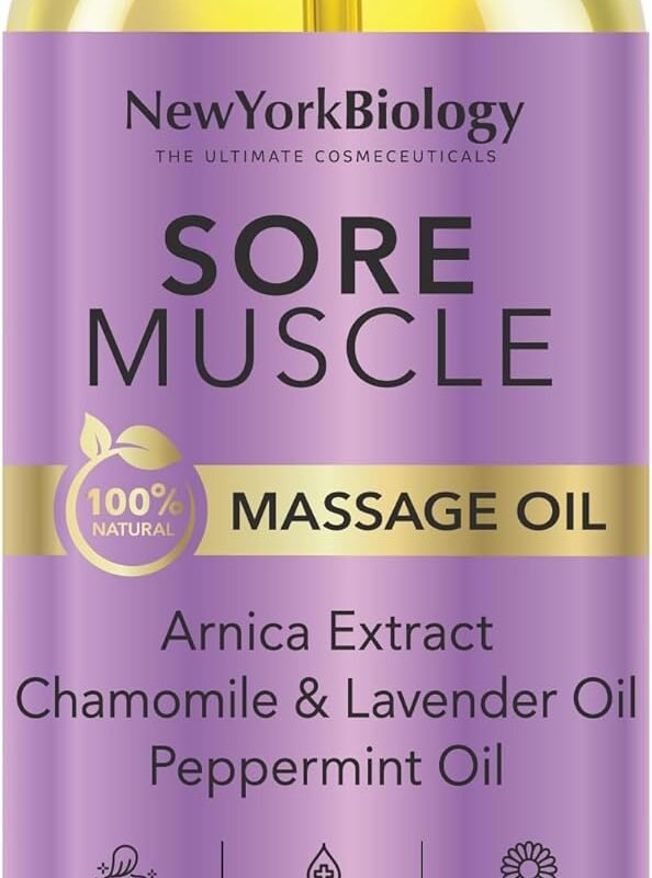 New York Biology Sore Muscle Massage Oil 8 Fl Oz – Made with 100% Natural Oils – Soothing Body Massage Oil - Absorbs Easily