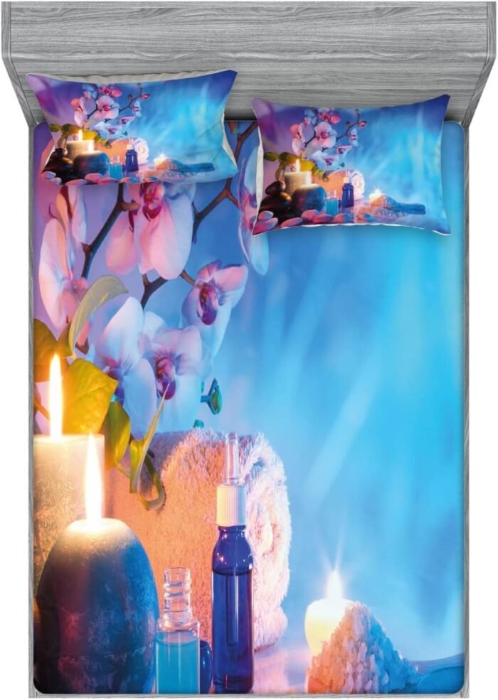 Lunarable Spa 2 Pack Fitted Sheet & Pillow Sham Set, Bath Foam Massage Exotic Oils, 4 Pcs Bedding Decor, Package Contains 2 Calking Size Fitted Sheets & 4 Pillow Covers, Pink Blue