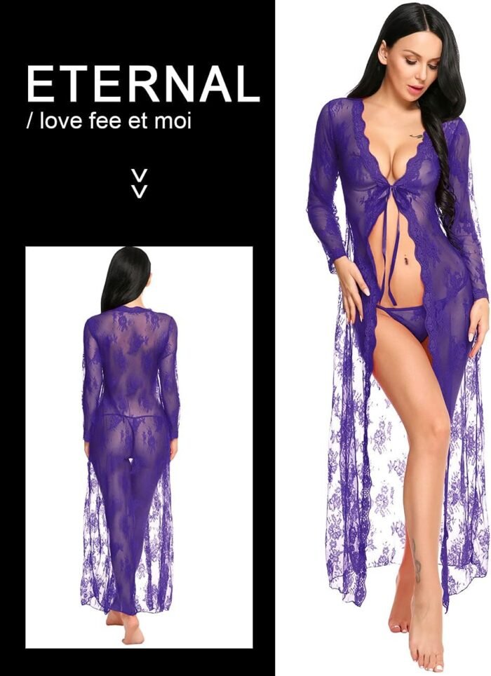 Lingerie for Women Sexy Long Lace Dress Sheer Gown See Through Kimono Robe - Image 3
