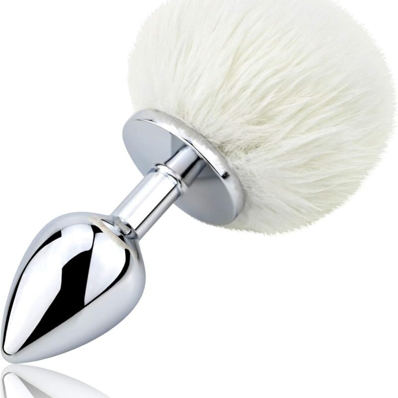 Bunny Tail Anal Plug, Metal Butt Plug with White Fluffy Rabbit Tail for Anal Sex Toys for Women Fun Sex Games (Medium)