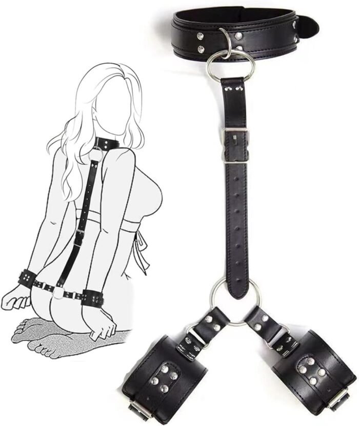 Neck to Wrist Behind Back Restraints Leather Black Hands Bondge Ties for Bed Adult Sex Furniture Hand Cuff Sex Restraints Bondage Kit Toys for Women Sex Tie Downs Under Mattress for King Bed Sweater