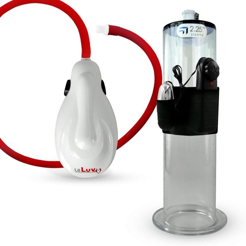 LeLuv White eGrip Electric Handheld Penis Pump with Premium Uncollapsible Quick-Disconnect Hose Vibrating 9 Inch Length x 2.25 Inch Wide Flanged Untapered Thick Acryllic Cylinder