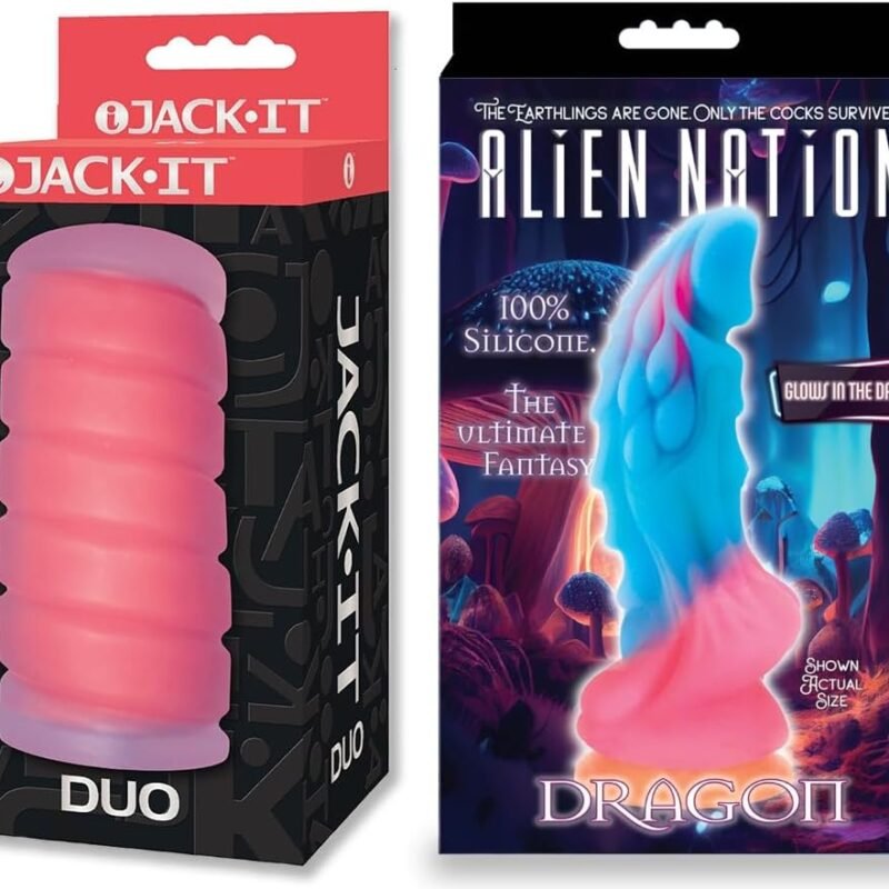 Couples Sex Toy Bundle of Jack-It Duo, Cherry and Icon Brands Alien Nation Glow Dragon Silicone Glow in The Dark Creature Dildo - Multicolor