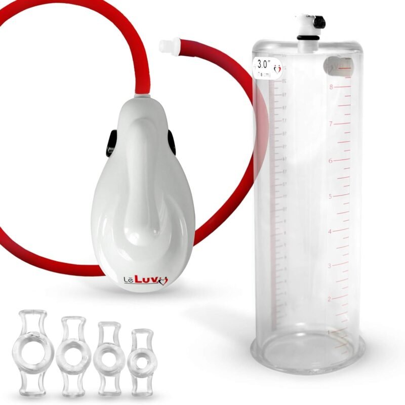LeLuv White eGrip Electric Handheld Penis Pump with Premium Uncollapsible Hose Bundle with 4 Sizes of Constriction Rings 9 Inch Length x 3.00 Inch Diameter Untapered Cylinder