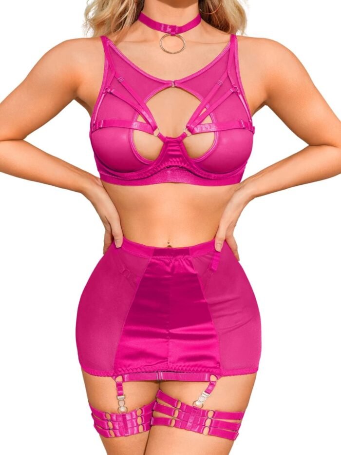 Kaei&Shi Garter Lingerie for Women, Strappy High Waisted Skirt G String 4 Piece Sexy Exotic Lingerie Outfits Set Boudoir