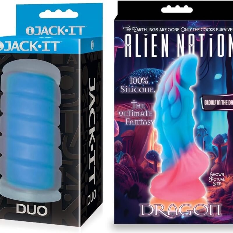 Couples Sex Toy Bundle of Jack-It Duo, Sky Blue and Icon Brands Alien Nation Glow Dragon Silicone Glow in The Dark Creature Dildo - Multicolor