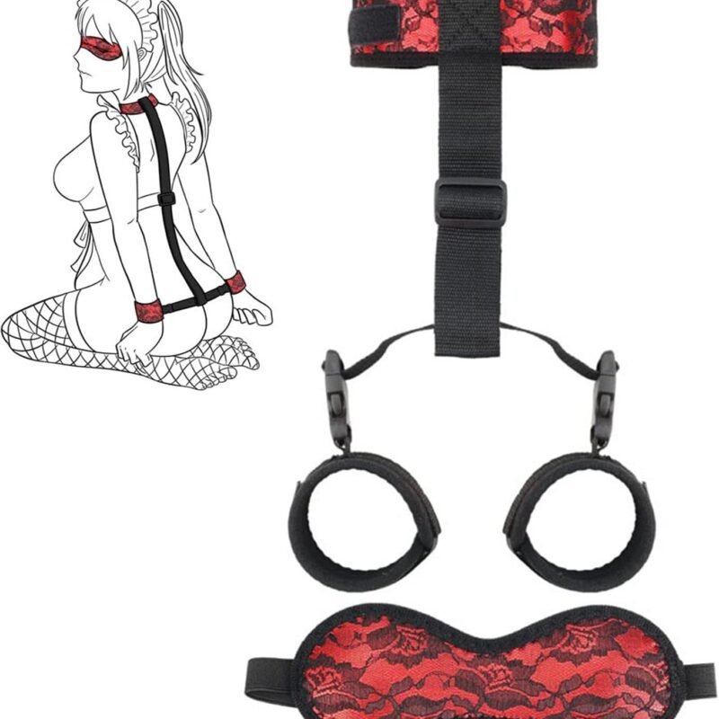 Sex BDSM Bondage Set Adjustable One-Piece Backhand Back Handcuffs Neck to Wrist Cuffs Bondage Set Adjustable Collar Handcuffs Eye Mask Blindfold SM Adult Sex Toys for Couples Bedroom