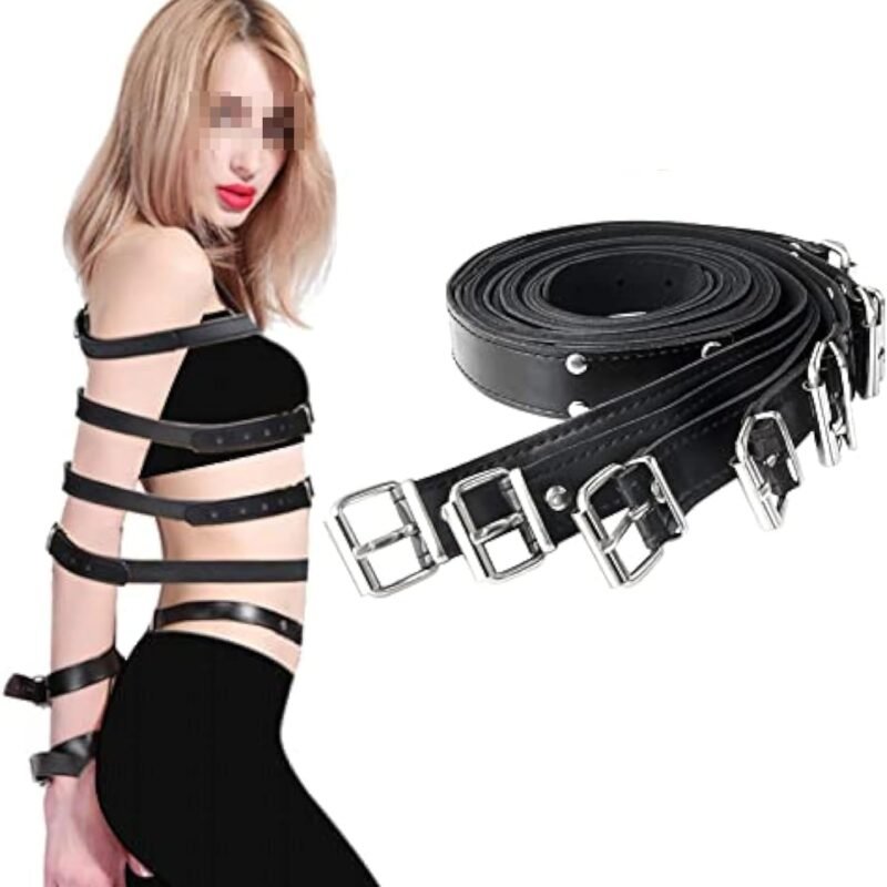 Leather Bondage Set 7 PCS Tie Rope PU Leather Bondage Set Flirt Bondage Rope BDSM Restraints Play Fetish Cosplay Adjustable Bondage Rope for Adult Play