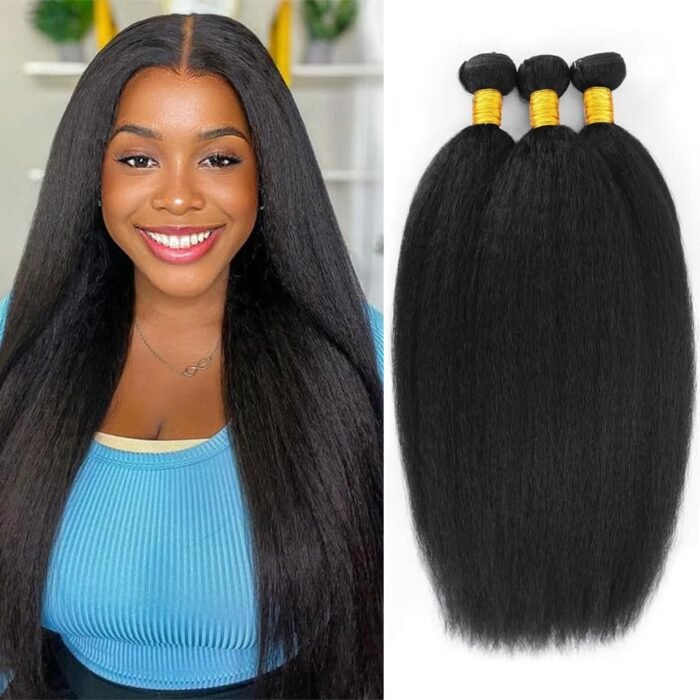 Yaki Straight Bundles Kinky Straight Bundles Human Hair 16 18 20 Inch 3 Bundles 12A 100% Unprocessed Brazilian Natural Black Hair