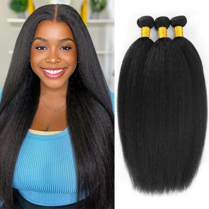 Yaki Straight Bundles Kinky Straight Bundles Human Hair 16 18 20 Inch 3 Bundles 12A 100% Unprocessed Brazilian Natural Black Hair