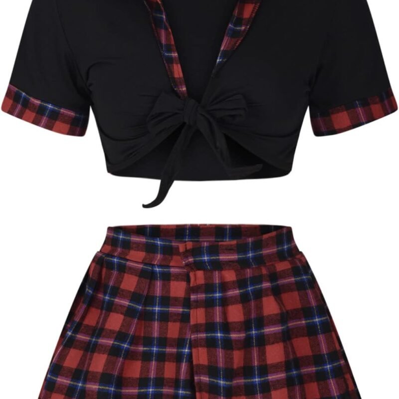 Women Schoolgirl Lingerie Sexy Roleplay Student Costumes Lingerie Set Crop Top and Mini Plaid Skirt Uniform Outfits