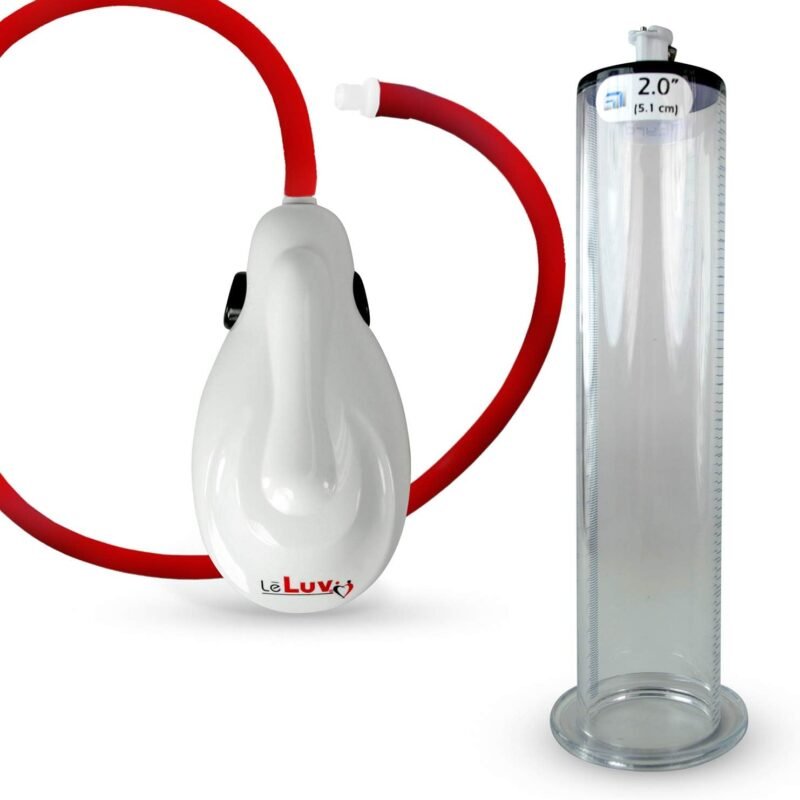 LeLuv White eGrip Electric Handheld Penis Pump with Premium Uncollapsible Quick-Disconnect Hose 9 Inch Length x 2.0 Inch Wide Flanged Untapered Thick Acryllic Cylinder