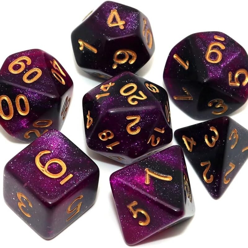 Black Mix Purple Nebula Dice DND Polyhedral Dice Set for Dungeon and Dragons D&D Pathfinder RPG Board Games 7-Die Set with Dice Bag