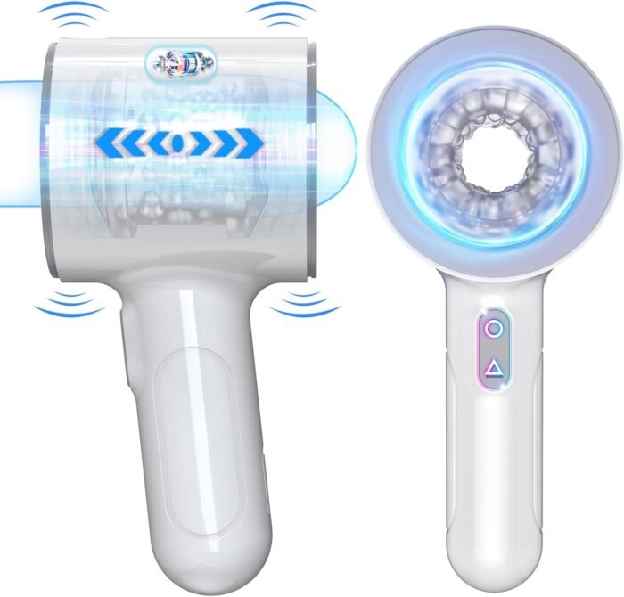 Automatic Male Masturbator, Foreglad Stroking Male Masturbators Cup with 7 Powerful Thrusting & Vibrating Modes, Blowjob Machine Pocket Pussy for Men, Dual Open-Ended Penis Sex Toys for Men（White）