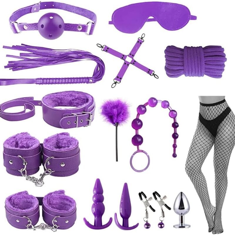 MISSTU BDSM Restraints Sex Toys Bondage Restraints Set Fetish Bed Restraints Cosplay Kits for Beginners SM Adult Games Safe BDSM Cuffs Nipple Clamps Flogger Ball Gag Blindfold Rope Purple