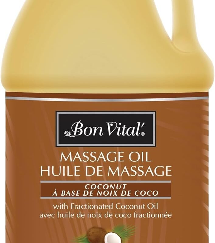 Bon Vital' Coconut Massage Oil with 100% Pure Fractionated Coconut Oil to Repair Dry Skin, Used by Massage Therapists and At-Home Use for Therapeutic Massages and Relaxation, 1 Gal, Label may Vary