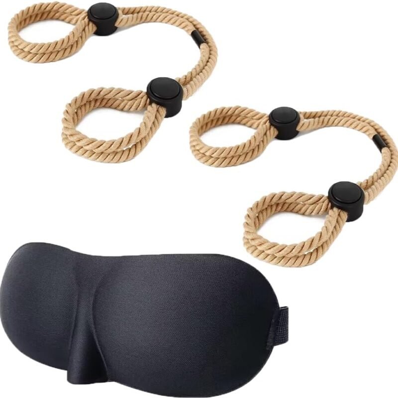 2 Pcs BDSM Sex Restraints Adjustable Bondage Rope for Couples Sex Toy,Handcuffs Ankle Cuffs with Blindfold Restraint Bondaged Kit for Couples Sex Adjustable Set SM Play for Men Women (Khaki)