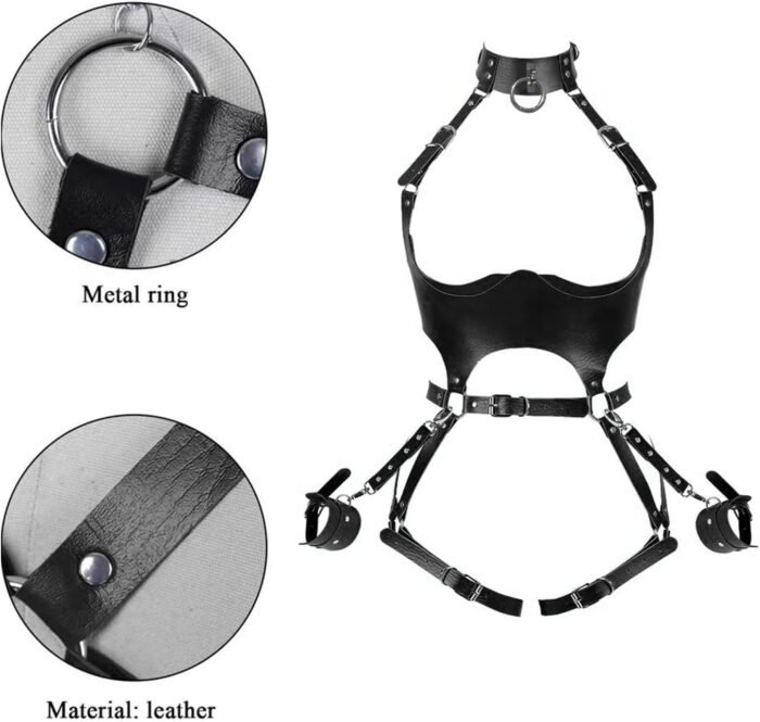 Sex Bondage BDSM Kit Restraints Set, Adjustable Restraint Harness Kit with Leash Wrist Cuffs and Waist Garter Belt Full Body Harness - Image 6