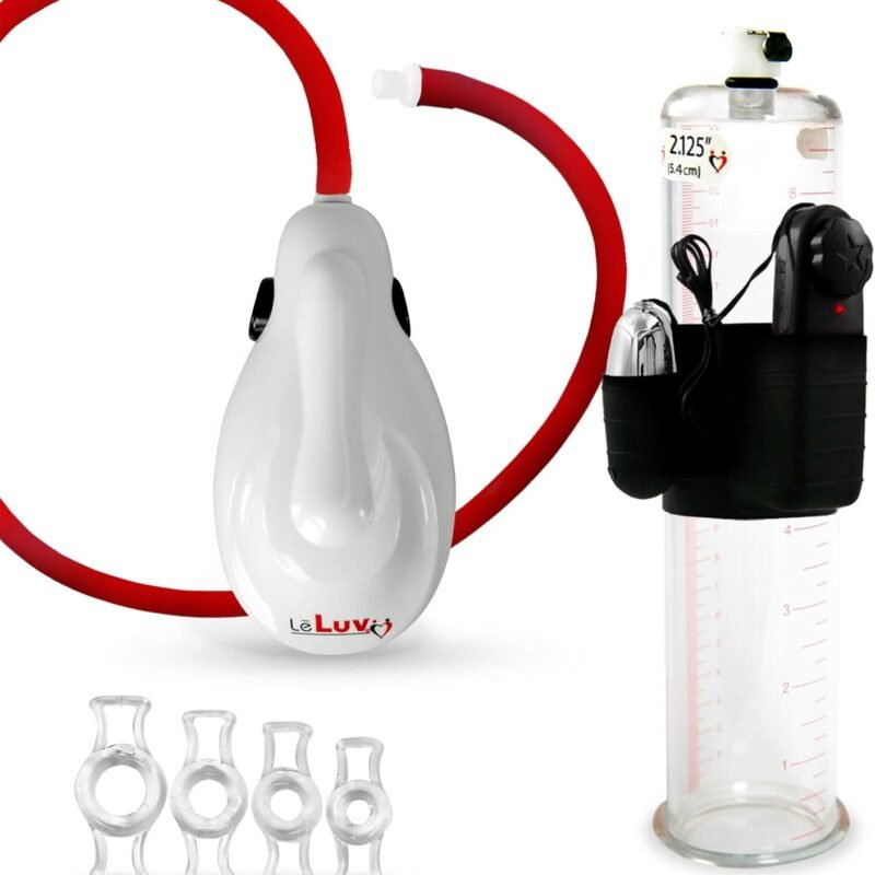 LeLuv White eGrip Electric Handheld Penis Pump with Premium Uncollapsible Hose Bundle with 4 Sizes of Constriction Rings Vibrating 9 Inch Length x 2.95 Inch Diameter Untapered Cylinder