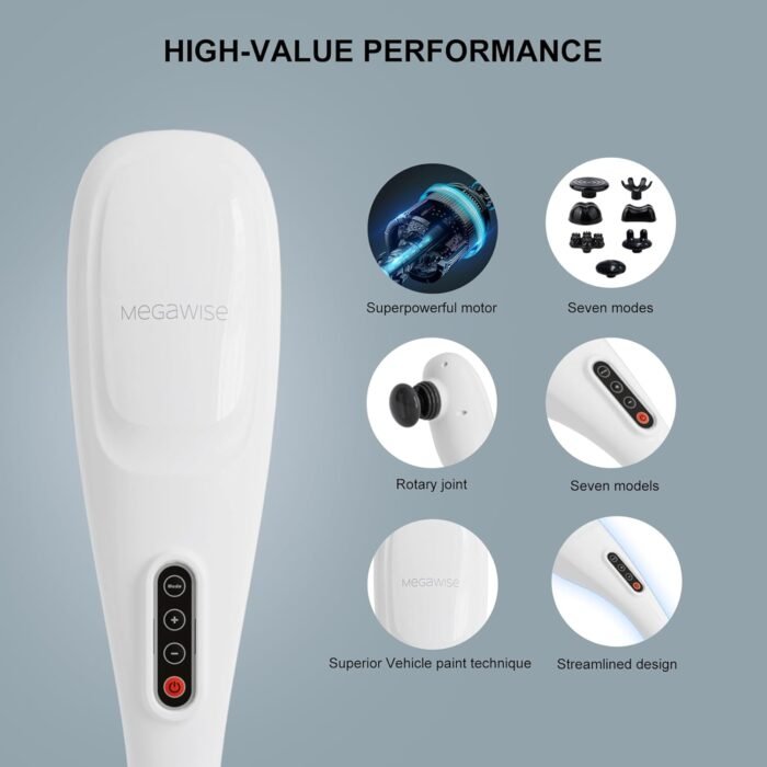 MEGAWISE Cordless Handheld Back Massager w/Rechargeable 3200mAh Battery, 5 Speed and 5 +2 Massage Nodes with Hard, Medium and 2 Soft Silicone Nodes; Massage While Moving Around (Pearl White) - Image 4