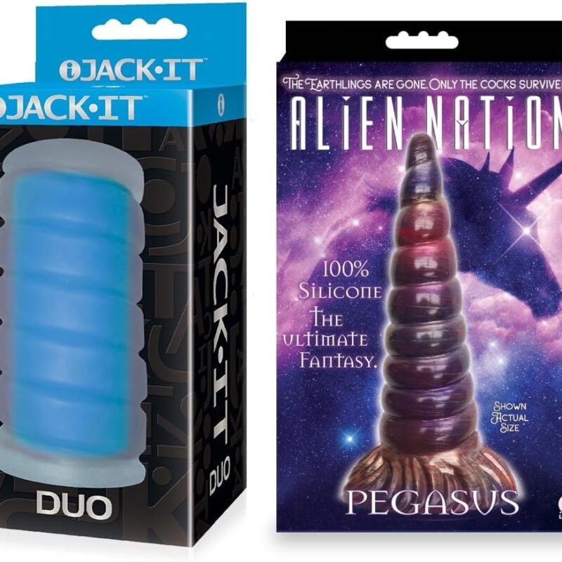 Couples Sex Toy Bundle of Jack-It Duo, Sky Blue and Icon Brands Alien Nation Pegasus Silicone Creature Dildo - Copper