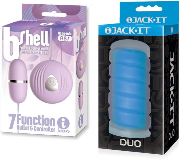 Sex Toy Couples kit of b-Shell, Bullet Vibe, Purple and Icon Brands Jack-It Duo, Sky Blue