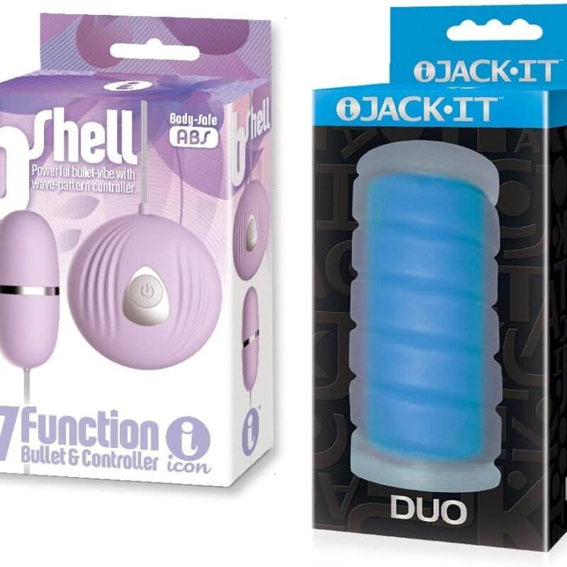 Sex Toy Couples kit of b-Shell, Bullet Vibe, Purple and Icon Brands Jack-It Duo, Sky Blue