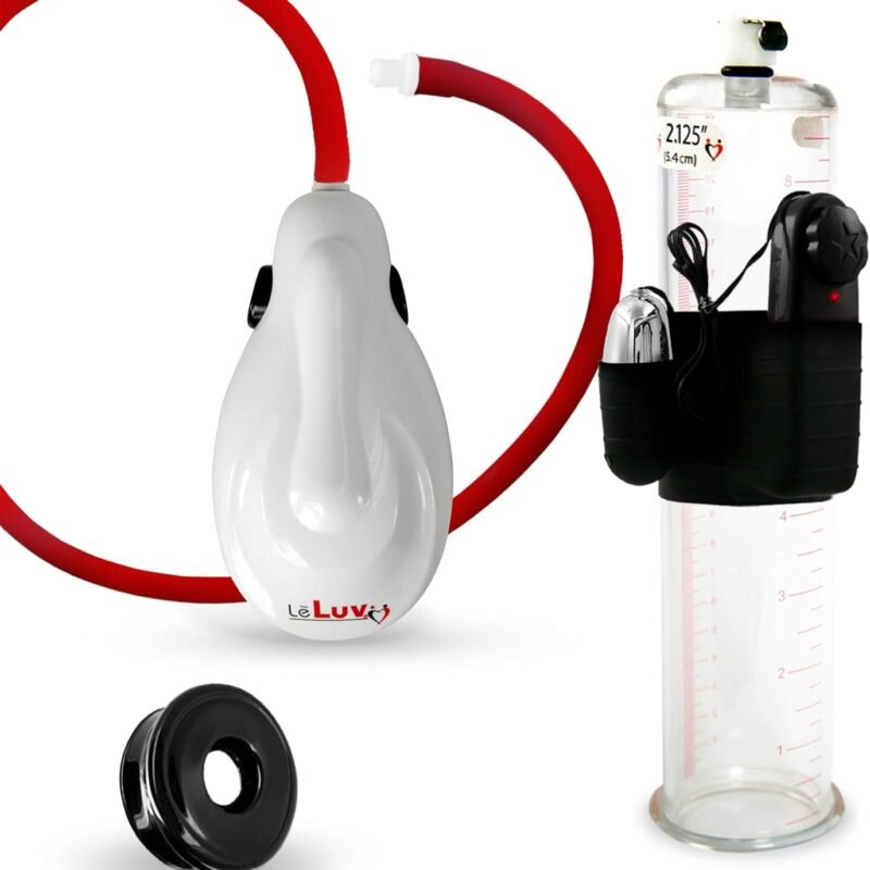 LeLuv White eGrip Electric Handheld Penis Pump with Premium Uncollapsible Quick-Disconnect Hose Bundle with Soft TPR Seal Vibrating 9 Inch Length x 2.95 Inch Diameter Untapered Cylinder