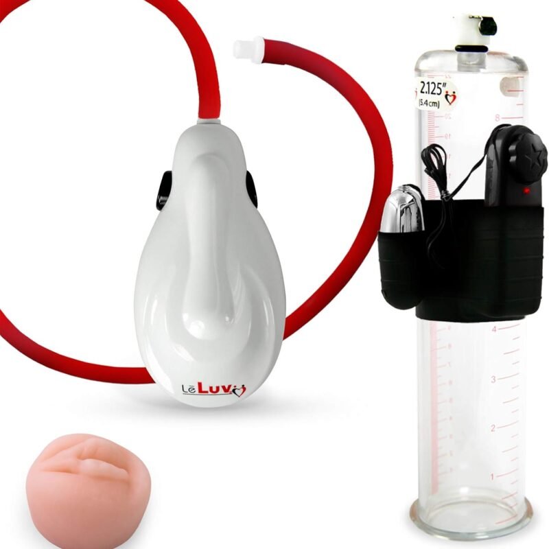 LeLuv White eGrip Electric Handheld Penis Pump with Premium Uncollapsible Quick-Disconnect Hose Bundle with Soft Donut Seal Vibrating 9 Inch Length x 2.95 Inch Diameter Untapered Cylinder
