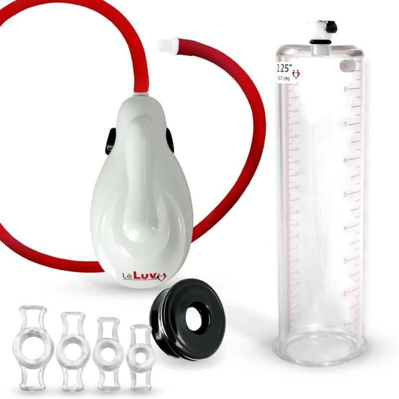 LeLuv White eGrip Electric Handheld Penis Pump with Premium Uncollapsible Hose Bundle with TPR Seal and 4 Sizes of Constriction Ring 9 Inch Length x 2.25 Inch Diameter Untapered Cylinder