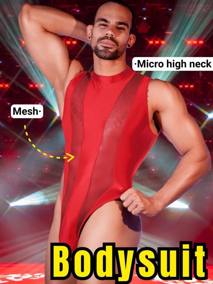 Mens Sexy Lingerie, Hook Crotch Thong High Cut Bodysuit Top Rave Outfit, Glossy Mock Neck Sheer Singlet Muscle Suit - Image 2