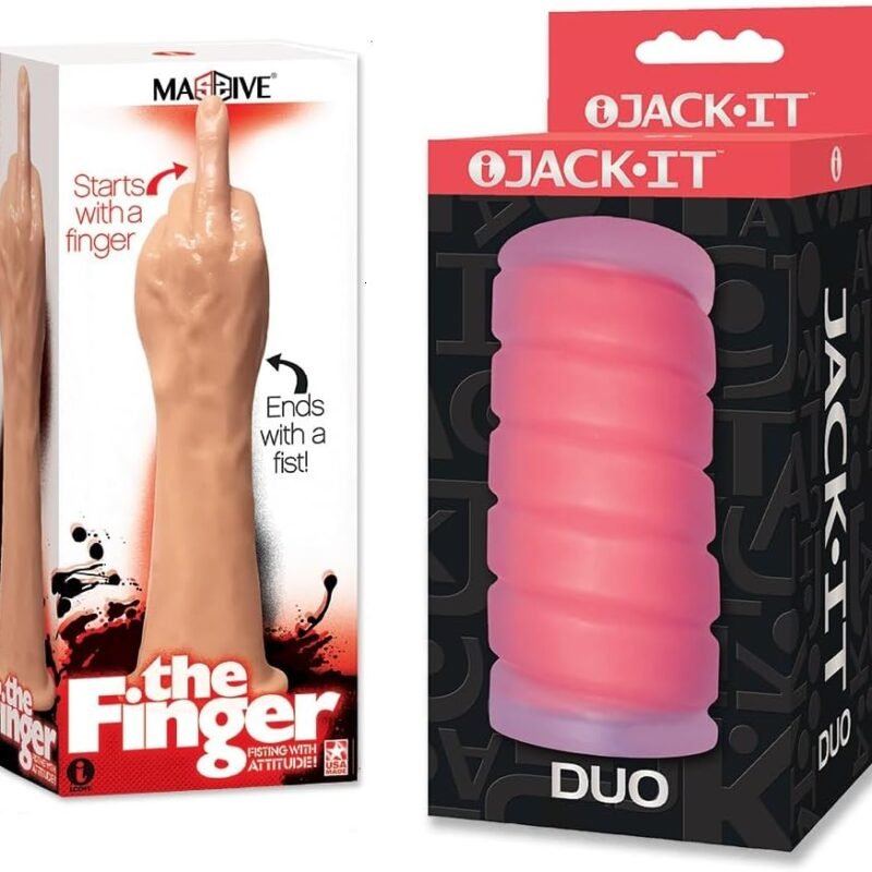 Sex Toy Couples kit of Massive The Finger Fister Dildo and Icon Brands Jack-It Duo, Cherry