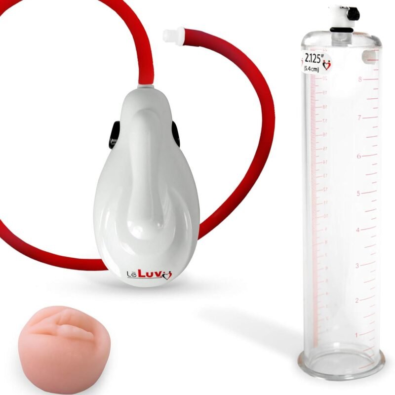 LeLuv White eGrip Electric Handheld Penis Pump with Premium Uncollapsible Quick-Disconnect Hose Bundle with Soft Donut Seal 9 Inch Length x 2.95 Inch Diameter Untapered Cylinder
