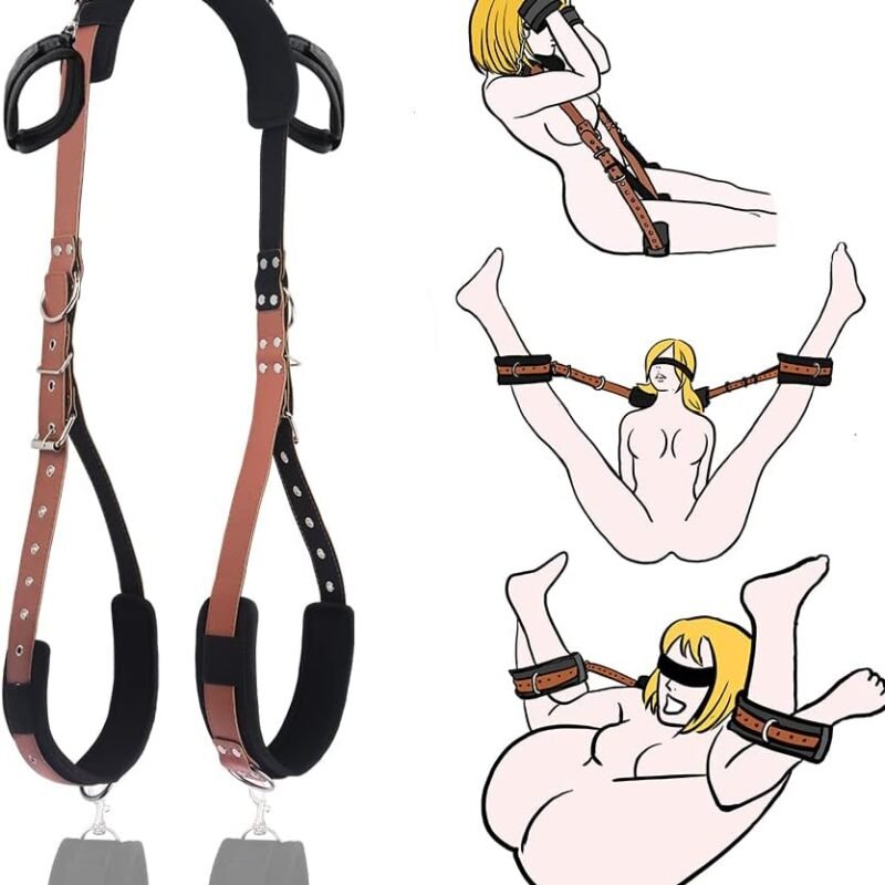 BDSM Sex Bondage Kit - Thigh and Wrist Restraint Cuffs, Neck to Leg Sex Toy with Handcuffs, Doggy-Style Swing, and Leg Straps for Couples' SM Games