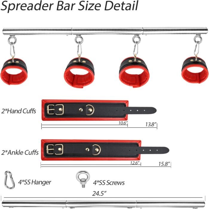 BDSM Bondage Restraints with Handcuffs Ankle Cuffs for Couples Spreader Bar Sex Toys Bondage Gear & Accessories Adjustable Bondage Kit Adult Sex Toys & Games (Red) - Image 6