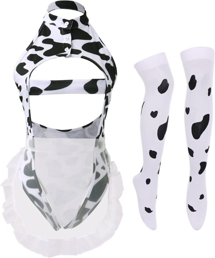 IBTOM CASTLE Sexy Cow Dalmatian Furry Milk Leopard Costume Kawaii Outfit Anime Bikini Bra Lingerie Set for Women