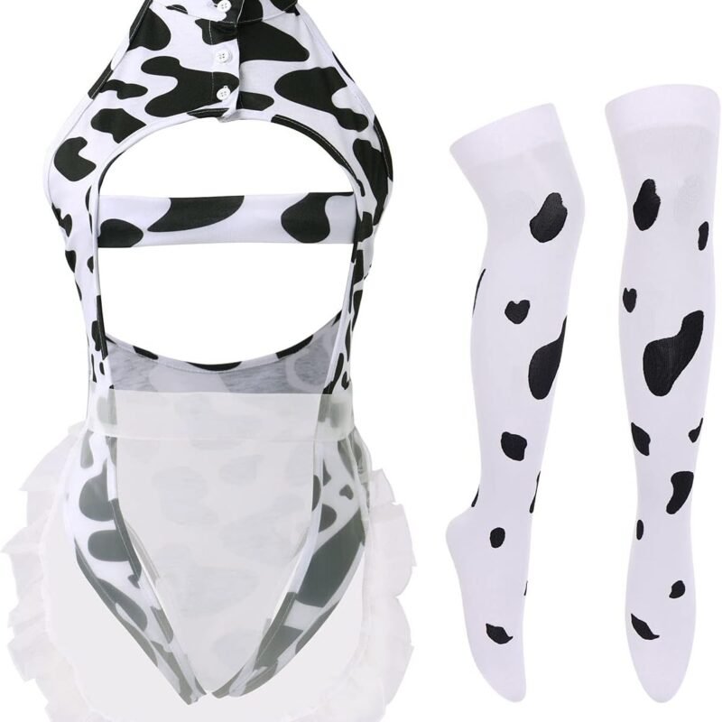IBTOM CASTLE Sexy Cow Dalmatian Furry Milk Leopard Costume Kawaii Outfit Anime Bikini Bra Lingerie Set for Women