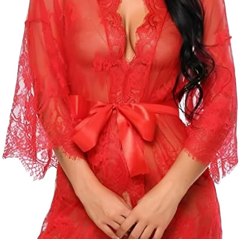 Women Sexy Lace Robe Erotic Deep V Pajamas Mesh Floral Nightgown with Straps Lingerie Thong Sheer Sleepwear Nightdress
