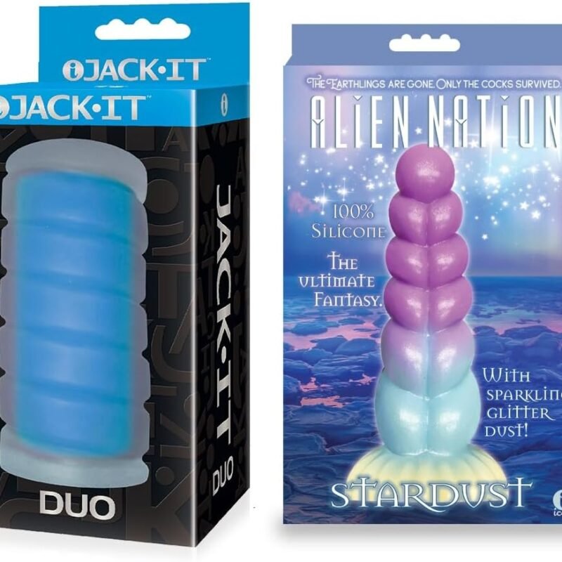 Couples Sex Toy Bundle of Jack-It Duo, Sky Blue and Icon Brands AlienNation Stardust Silicone Creature Dildo - Multicolor