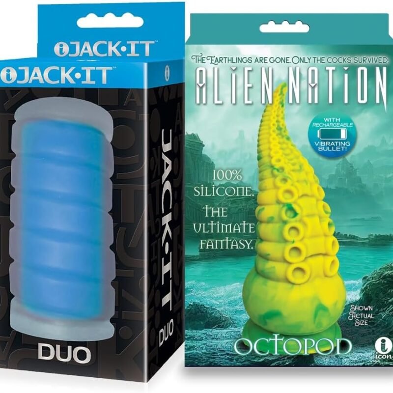 Couples Sex Toy Bundle of Jack-It Duo, Sky Blue and Icon Brands Alien Nation Octopod Silicone Rechargeable Vibrating Creature Dildo - Yellow & Green