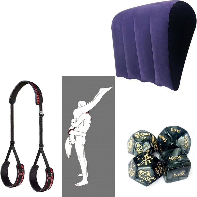 Sex Furniture Kit for Adult Couples - Thigh Sling Sex Things for Couples Kinky Play Hand Leg Cuffs Strap Set Ankle Wrist Restraints for Couple Under Queen Bed and 4pcs Black Sex Dice Set Sweatshirt