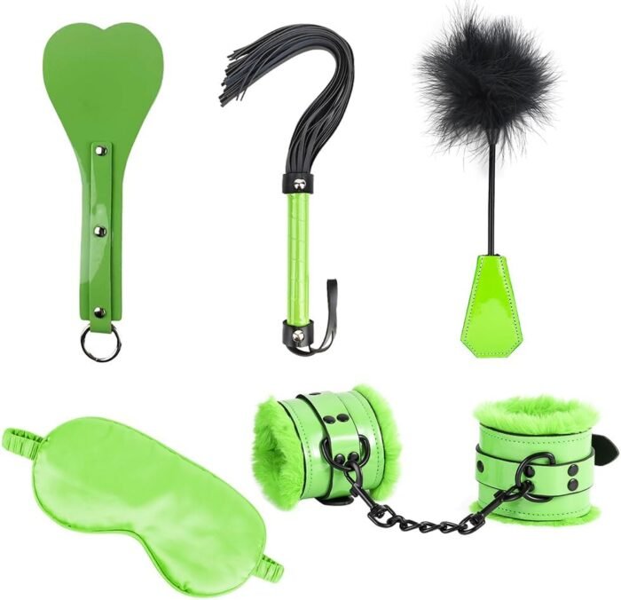 SM Sex Bondage Kit for Couples Leather 5 PCS Restraints Set with Handcuffs, Feather Tickler, Blindfold, Spanking Paddle and Horse Whip Adult Men Women Toy