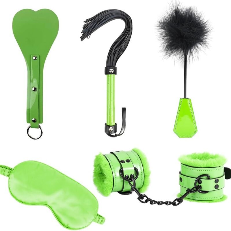SM Sex Bondage Kit for Couples Leather 5 PCS Restraints Set with Handcuffs, Feather Tickler, Blindfold, Spanking Paddle and Horse Whip Adult Men Women Toy